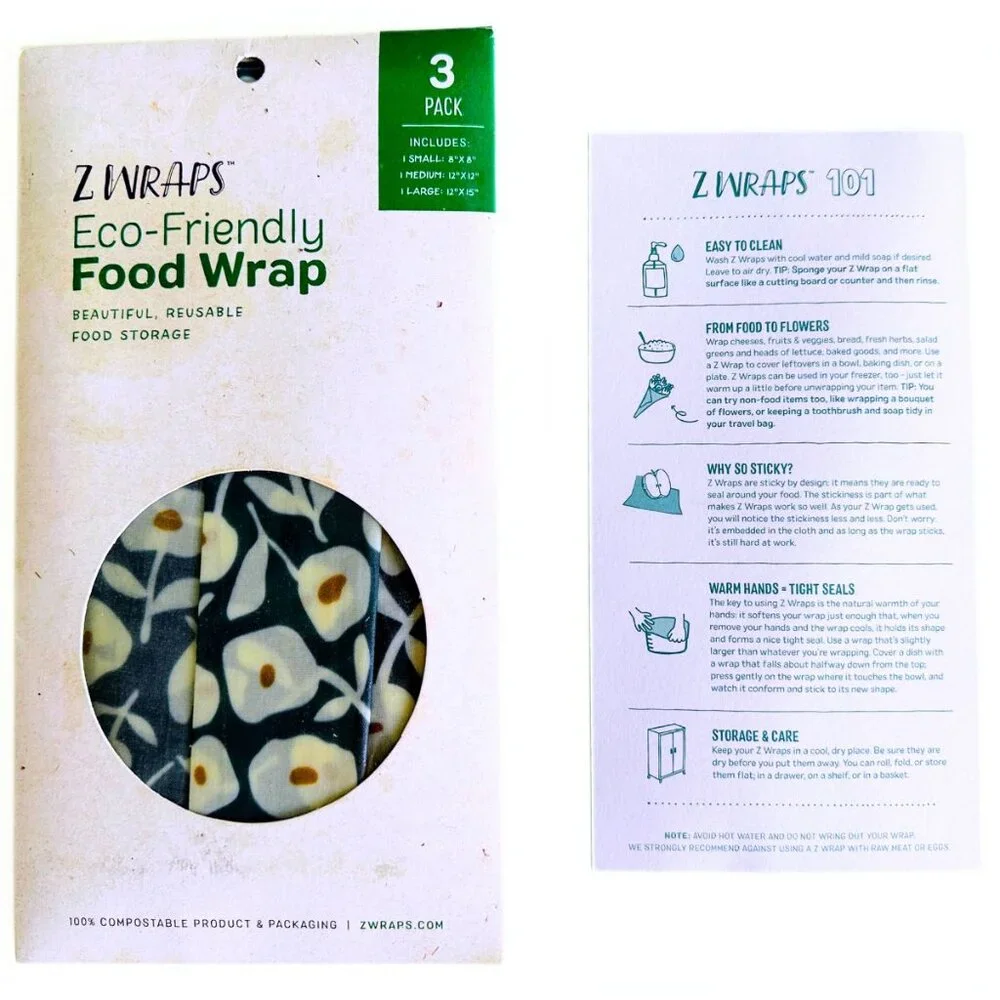 Z WRAPS Eco-Friendly Reusable Beeswax Food Wrap 3 Pack Blue Summer Floral NWoT